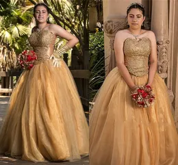 2022 Gold Lace Organza Prom Dresses Fomral Damska Bez Ramiączek Aplikacja Beaed A-Line Quinceanera Sukienka Plus Size Speical Okazja