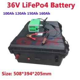 Vattentät 36V 150ah 100ah 120ah 160ah Lifepo4 Lithium Uppladdningsbart batteri med BMS för fiskebåtar Solsystem + 10A laddare