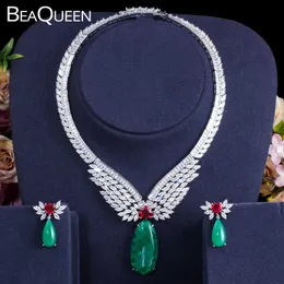 Beaqueen Luxury Exklusiv Big Drop Green Halsband Örhängen för kvinnor Bröllop Bröllop Cubic Zircon Dubai Smycken Set JS267 H1022