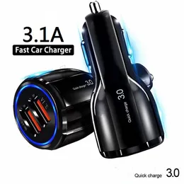 Snabbladdning QC3.0 30W Dual USB Car Charger Power Adapter 5V 9V 12V 3.1A Billaddare för iPhone 12 13 14 15 Samsung S20 S23 S24 GPS PC Smart Phone