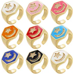 Zhukou Nowy Sześciokąt Gold Star Moon Pierścień Dla Kobiet Emalia CZ Crystal Otwarcie Kobiety Pierścień Biżuteria Hurtownie VJ330 G1125