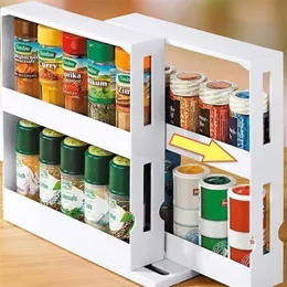 2 Layer Storage Kitchen Rotating Organize Spices Jar Bottle Rack Organizer Shelves Slide Cabinet 211112