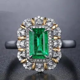 Cluster Rings Square Green Emerald Gemstones Diamond For Women 18k White Gold Silver Color Argent Bague Luxury Jewelry Bijoux Gifts