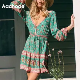 Floral Print Beach V Neck Casual Boho Mini Dress Long Sleeve Lady Fashion Pleated Dresses Vestido Curto 210413