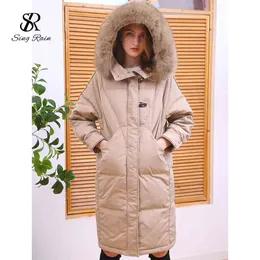 Mulheres espessas longo para baixo casaco inverno real raposa pele outerwear de alta qualidade quente oversized pato branco encapuçado jaqueta 210419