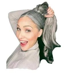 Custom natural straight wave ponytails grey updo bun puff pony tail hairpiece Wrap around clip in with two combs easy ponytail gray hair extensions