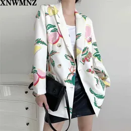 XnWMNZ ZA BLAZER Kobiety Moda Podwójna Pierśniana Owoce Print Płaszcz Vintage Z Długim Rękawem Kobiet Odzież Odzieży Chic Topy 211019