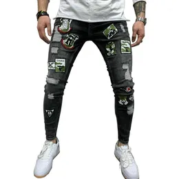 Mens Destroyed Jeans With Patches Hi Street Ripped Denim Trousers Fashion Streetwear Distressed Jean Pants Stretch Men's