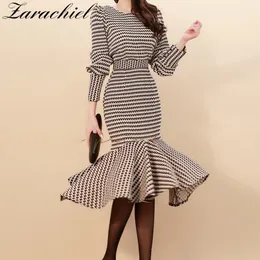 Korean Houndstooth 2 stycke sjöjungfru kostym Kvinnor Lantern Sleeve Pullover Top + Pencil Midi Ruffles Fishtail Kjol Set 210416