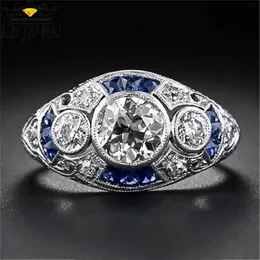 925 Anillos Silver Retro Court Pełna Sześcienna Cyrkonia Pierścień Dla Kobiet Panie Eleganckie Niebieskie Kryształowe Pierścienie Bankiet Sapphire Biżuteria 211217