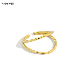 Andywen 925 Sterling Silver Gold Open Circle Cienkie Resizable Rings Kobiety Moda Fine Jewelry Rock Punk Wedding Jewel 210608