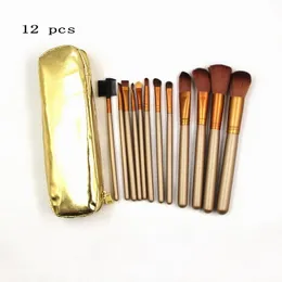 12pcs Gold Trucco Pennello Set Set Professionale Borsa in pelle dorata Manico in legno Cosmetici Make up Penny Kit