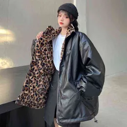 Winter PU Leather Women Jacket Leopard Print Thick Warm Faux Lamb Fur Lining Reversible Wear Loose Harajuku Snow Female Coat 211118