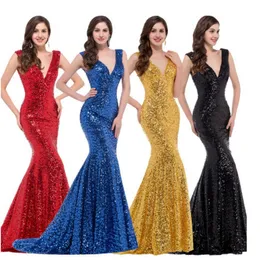 2022 Glitter Bright Gold Cekinowe Syrenki Suknie Wieczorowe Dla Kobiet Bez Rękawów V Neck Długie Formalne Suknie Party Eleganckie Błyszczące Lady Prom Dress Specjalne okazje