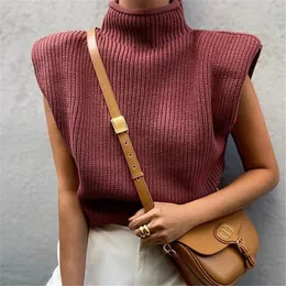 BLSQR Fashion Wine Red Knitted Waistcoat Women Vintage Turtleneck Female Vest Sweater Crop Pullover Chic Tops 210430