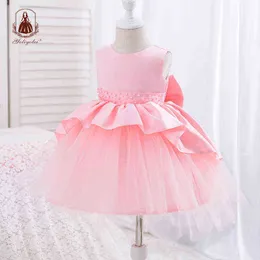 Yoliyolei Princess Party Dzieci Dress Tail Zdejmowany Bowknot 0-2y Baby Girl Flower Elegancki Tulle Satynowe Toddler Dzieci Suknia G1129