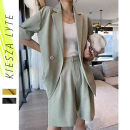 Two Piece Set Women Suit Green Short Sleeved Summer High Street Fashion Blazer 2 PCS Sets OL Female Outfits 210608