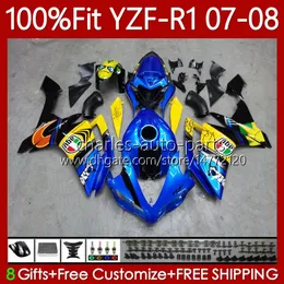 OEM Bodywork 100%Fit For YAMAHA YZF-R1 YZF1000 YZF R 1 1000 CC 07-08 MOTO Body 91No.168 YZF R1 1000CC YZFR1 07 08 YZF-1000 2007 2008 Injection mold Fairing Kit shark fish blue