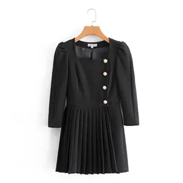 Kobiety Letnie Eleganckie Blazers Sukienka Plised 3/4 Przyciski Rękaw Black Vintage Casual Kobiet Mini Sukienki Odzież Vestidos 210513