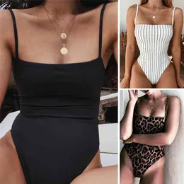 Sexy Reversible Leopard/Solid/Stripe Bandeau Bodysuit Monokini Female High Cut Thong Swimwear Women Swimsuit 210712