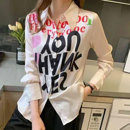 İlkbahar Yaz Mektup Baskı Saten Gömlek Kadın Moda Şifon Bluzlar Down Yaka Uzun Kollu Arka Sokak Giyim Blusas 210416
