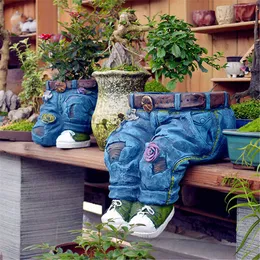 Creative Jeans Skulpturhartshållare Skrivbord Placering Garden Yard Roliga Ornament Flower Pot Vase Resin Art Crafts Decor 2 stilar 210615