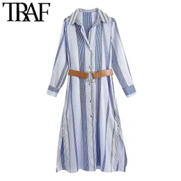 TRAF Женщины шикарные моды с поясом полосатый MIDI рубашка платье винтаж с длинным рукавом сторона вентиляционные женские платья Vestidos Mujer 210415