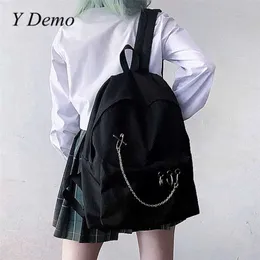 Y Demo Harajuku Punk Canvas Women Backpack Preppy Style Hollow Out Circles Chains Black Bag TechWear 211013