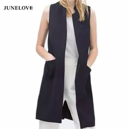 JuneLove blazer casual vest waistcoat women stand collar long suit vest female jacket coat black pockets office lady Work 210817