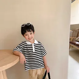 Koreański styl chłopcy lato pasiaste koszulki dziecięce bawełna luźna casual cienki wierzchołki 210615