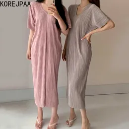 Korejpaa Kobiety Dress Summer Koreański Chic Damskie Nisze Temperament V-Neck Pit Strip Gloss Design Luźne Krótki Rękaw Vestidos 210526