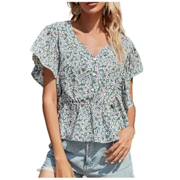 Kadın T-Shirt Gömlekler Vintage çiçek baskılı desen rahat v boyun t gömlek yaz kıyafetleri kısa kollu camisetas feminina #yl19