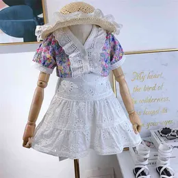 Summer Girl Clothes Suit Floral Blouse Top+ Lace Hollow White Skirt 2pcs Country Style Baby Kids Children'S Clothing 210625