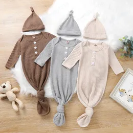 Mjuk bomull nyfödd baby sovsäck + hatt knapp solid färg plaid enkel stil hem spädbarn baby swaddle wrap sleepwear