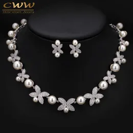 Högkvalitativ vitguldfärg Micro Inlay Cubic Zirconia Big Pearl Bridal Choker Necklace Sets för Bröllop Smycken T247 H1022