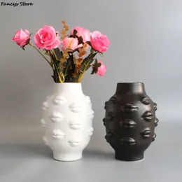 Nordic Ins Style Creative Personality Face Vase Modern Minimalist Lips Ceramic Floral Home Bar Bookstore Decoration Ornaments 210409