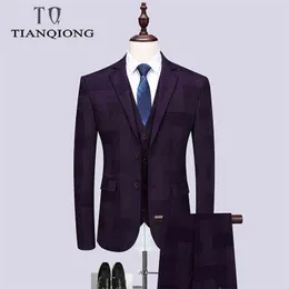 TIAN QIONG Purple Business Men Suits Custom Made Wedding Suits Men's Suit Slim Fit Notched Lapel Grooms Set(jacket+pants+vest) X0909