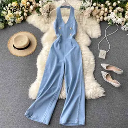 Neploe Summer Women Jumbsuits Euramerican Style Halter Ärmlös Backless High Wasit Wide Leg Jean Bodysuits 82075 210423