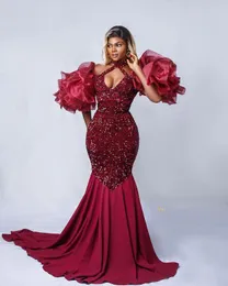 Wspaniały Arabski Burgundia Suknie Wieczorowe Sparkly Sexy Mermaid Aso Ebi Dubai Cekinowe Ruffles Długość Prom Dress Custom Made Robes De Soirée