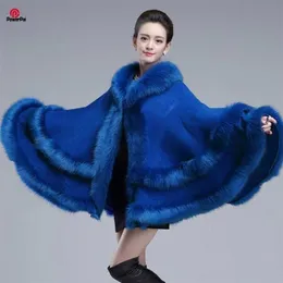 Europisz Moda Double Fur Coat Cape Z Kapturem Kaszmirowy Cloak Cardigan Outwear Plus Size Kobiety Winter Szal 1,1 kg 211020