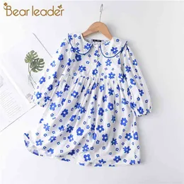 Girls Dress Autumn Spring Fashion Kid Clothes Peter Pan Collor Cute Costumes Flower Print Elegant Outfits 1-5 Y 210429