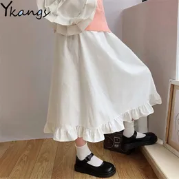 White Ruffle High Waist Wild Skirt Female Student Korean Casual Loose Fairy A-Line Skirts Ins Harajuku Summer Simple College 210421