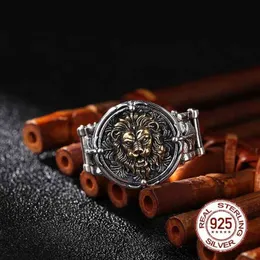 100% Real Solid 925 Male Lion Vintage Steampunk Retro Biker Mens Sterling Silver Open Adjustable Ring Jewelrys