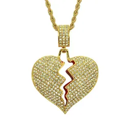 Hänge halsband fast trasigt hjärta lced ut halsband charm för män kvinnor guld silver färg vridkedja zirkon hip hop smycken