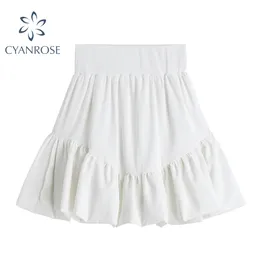 女性の白い短いふわふわのスカートエレガントなドレープエレガントなハイウエストの作物スカート女性ヴィンテージrokシックな女の子服の女性210417