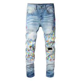 Jeans Masculino Regular Slim Fit Paint Rasgado Biker Azul Claro Calça Jeans Casual Masculina Tamanho Grande 28-40