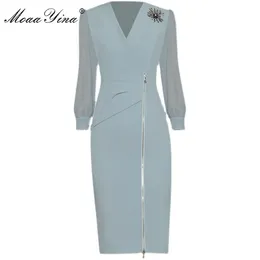 Moda Designer Sukienka Wiosna Damska Dress V-Neck Ruched Zipper Package Hip Split Biuro Damskie Dresses 210524