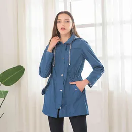 Casual Waterproof Slim Windbreaker Coat Women Autumn Solid Hooded Drawstring Pocket Ladies Mid Long Jacket Outwear Plus Size 210507