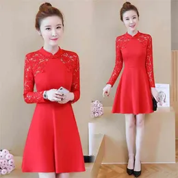 Women's Spring Autumn Dress Chinese Style Cheongsam-style Lace Solid Color Long-sleeved Thin Short es LL903 210506