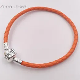 High quality Fine Jewelry Woven 100% genuine Leather Bracelet Orange Mix size 925 Silver Clasp Bead Fits Pandora Charms Bracelet DIY Marking  for women men gifts